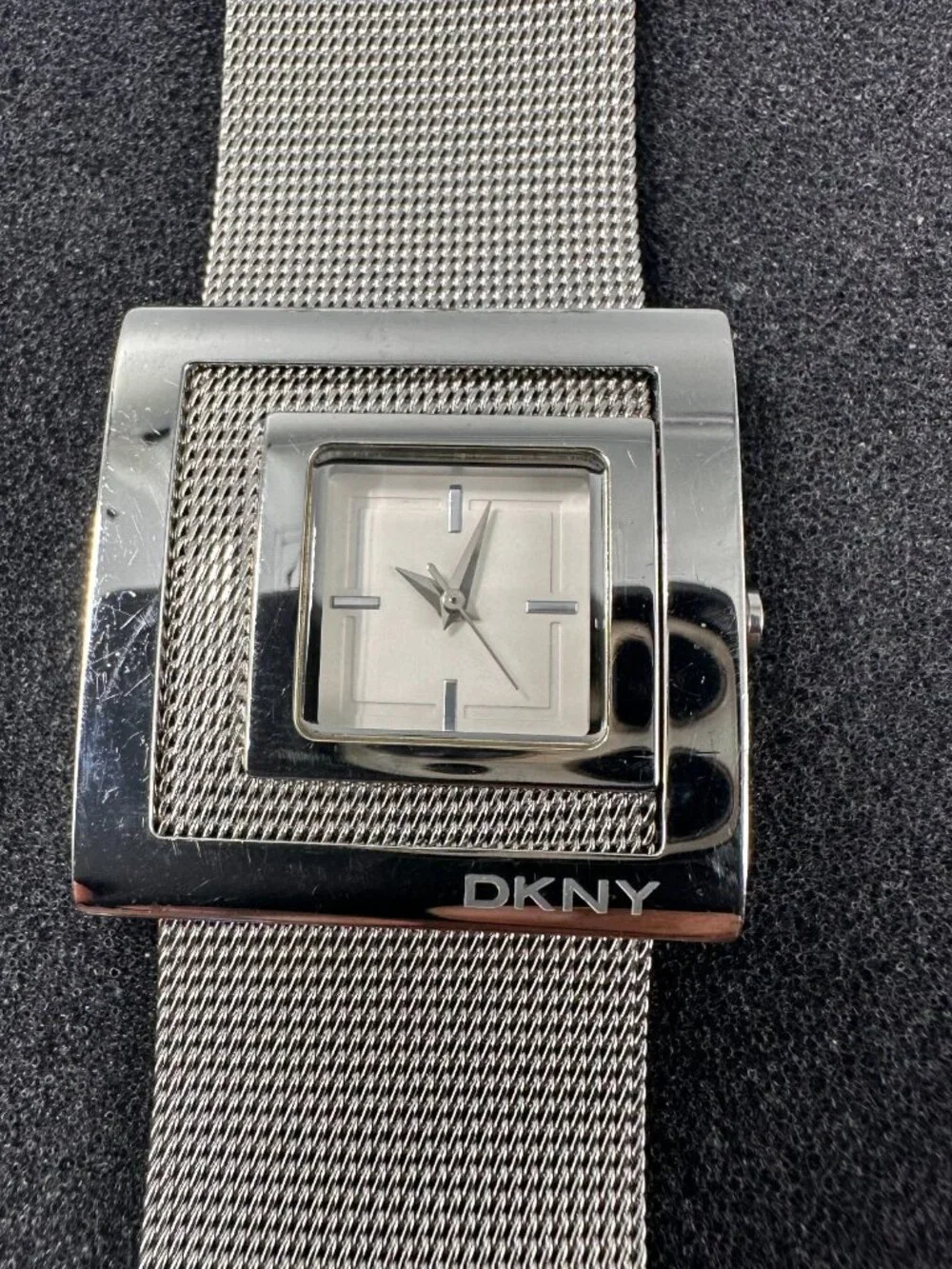 DKNY Watch Women Stainless Steel Square Dial Mesh Band New Battery 8.5